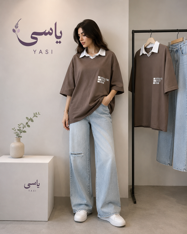تیشرت باکسی یقه دار نخ پنبه سایز لش وبزرگ
